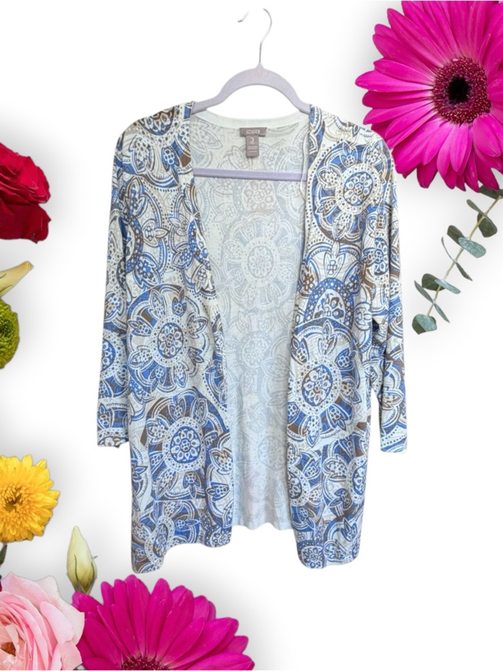 Chico's Blue Cotton-Blend MedallionPrint  Open-Front Cardigan Kimono Sweater